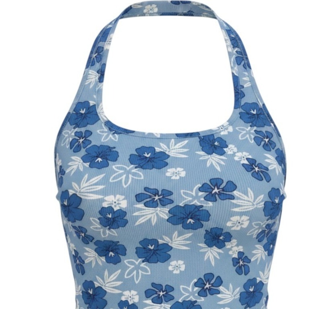 SHEIN Blue Floral Ribbed Halter Crop Top‎ Tropical Hibiscus Print XS US 2